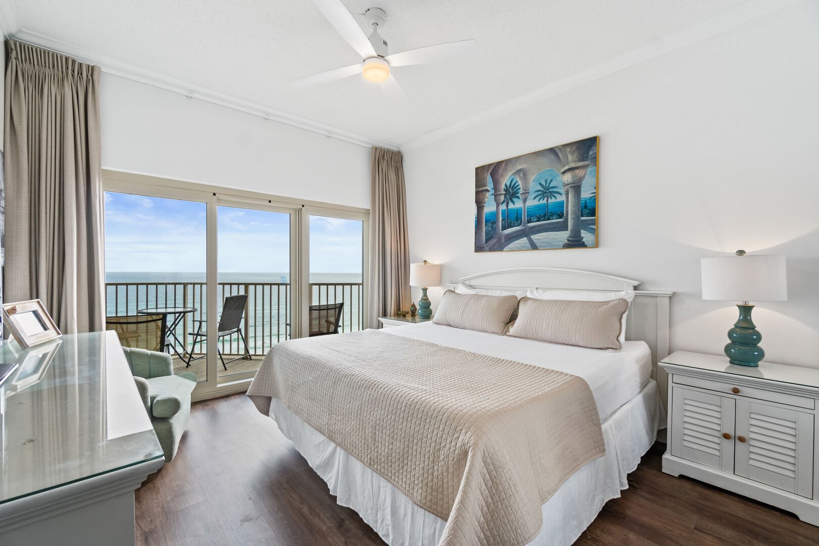 As you enter the condo to left you will find your King ensuite for your nighttime comfort. Fresh crisp linen with plush pillows and mattress for you to sink into each night. You have 2 side tables with plenty of lighting, to catch up on a good book.