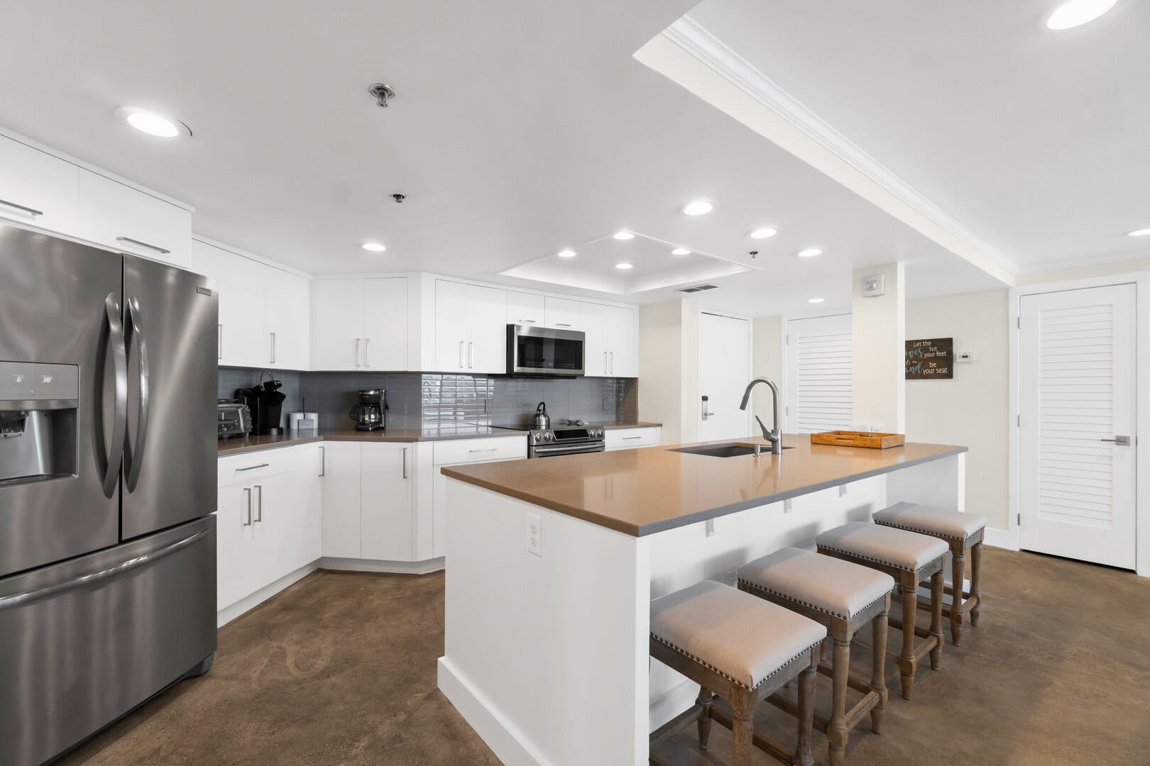 This kitchen has everything needed to feel right a home while preparing your meals. It has all new stainless steel appliances, coffee pot, toaster, blender, pots/pans, dinner ware, glass ware and utensils. Happy cooking!