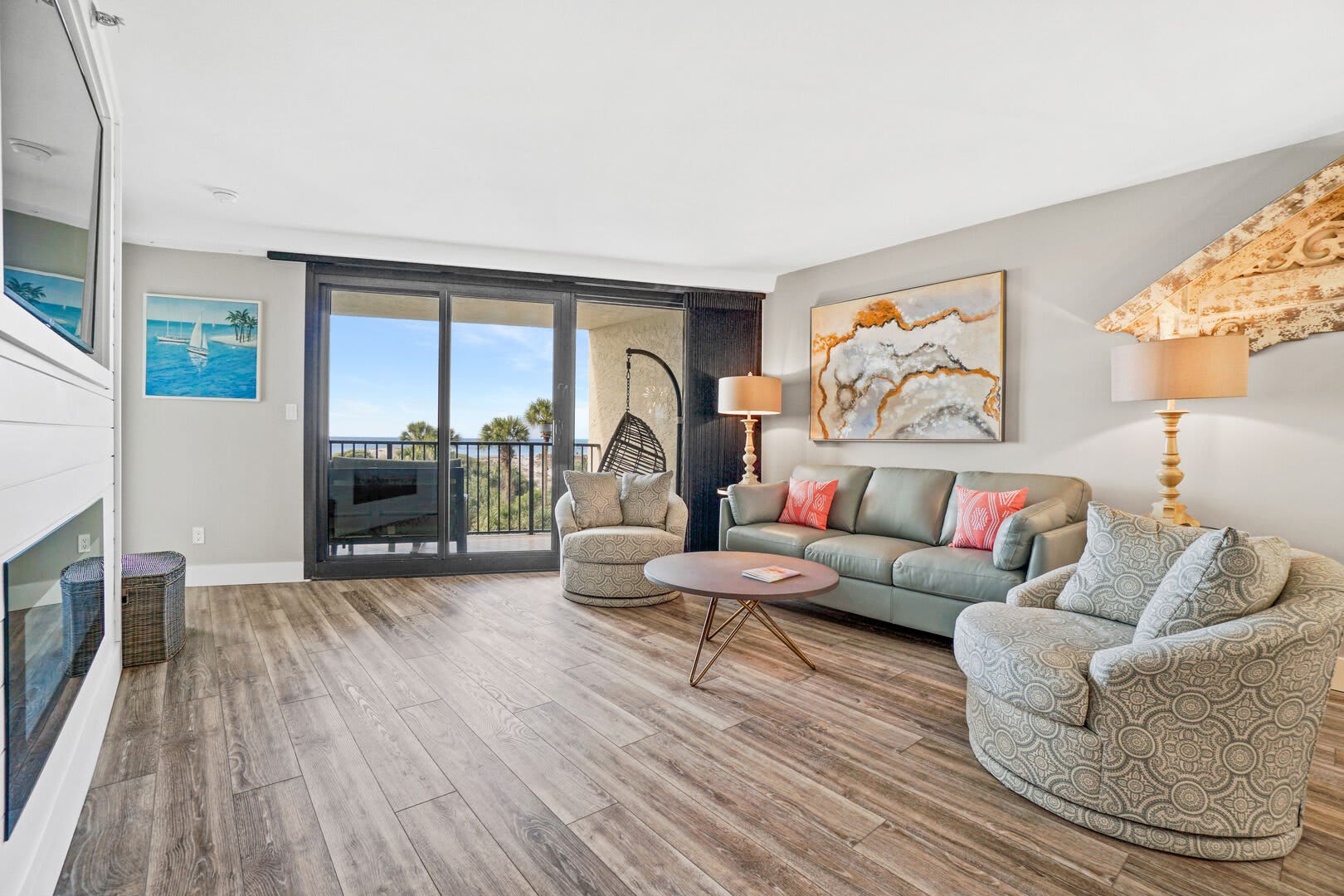 Tastefully decorated living room with plenty of room to chill anytime of day. Large balcony with plenty of seating.