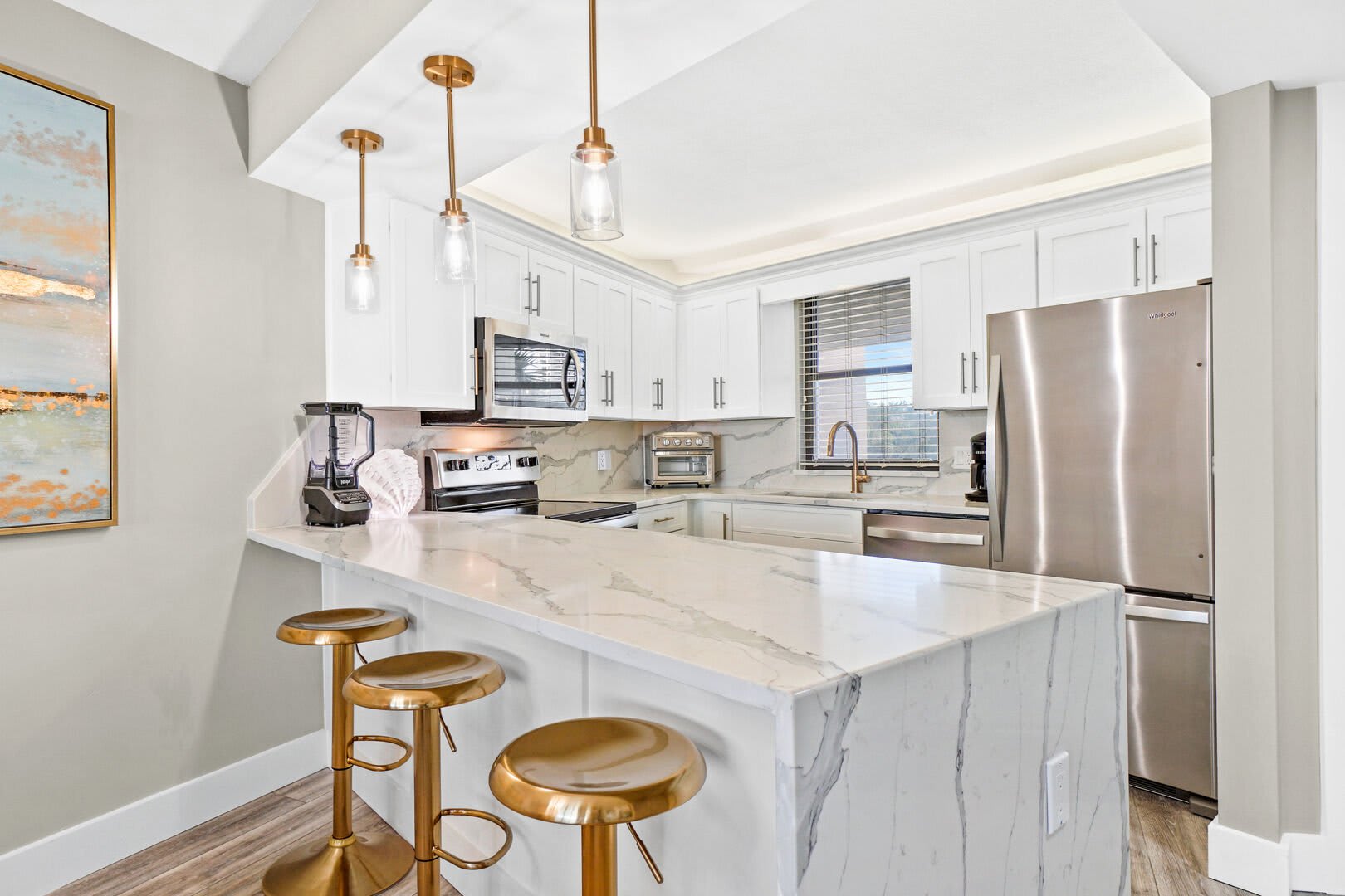 A great look at your fully stocked kitchen to use while you stay with us.