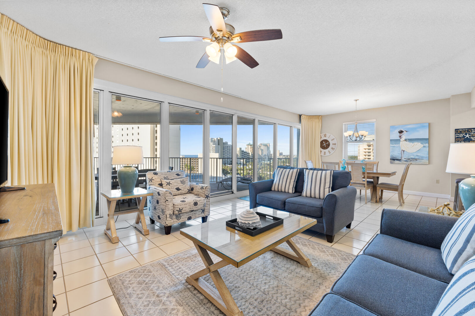 Lounge in the roomy and beautiful coastal furnished living room as you look out over the waters of the gulf.