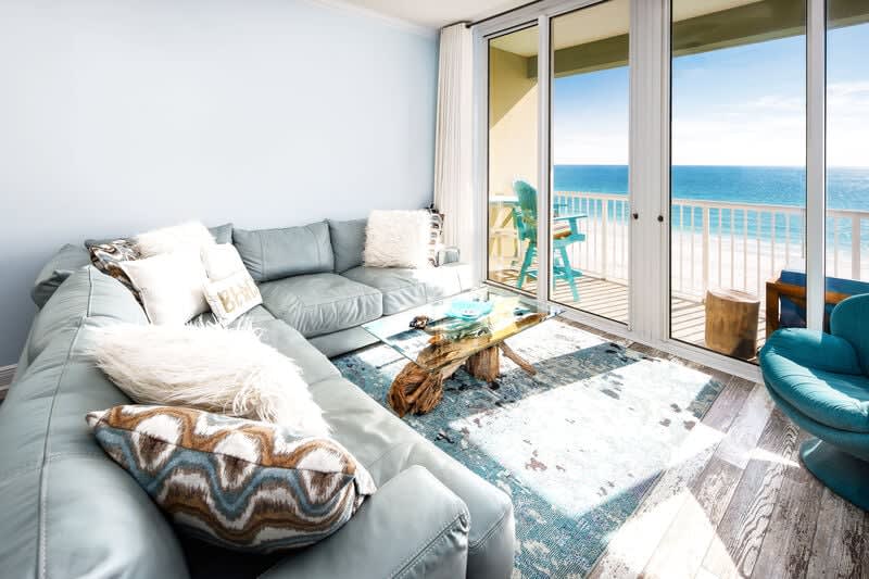 Living Room with Balcony - Waters Edge Resort unit 613 Okaloosa Island Fort Walton Beach Vacation Rentals by Sunset Resort Rentals