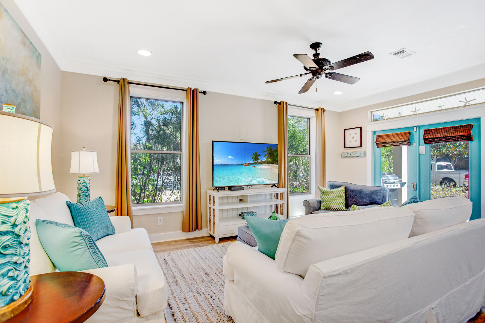 A great place to relax - enjoy the game or a movie together.  Queen sleeper