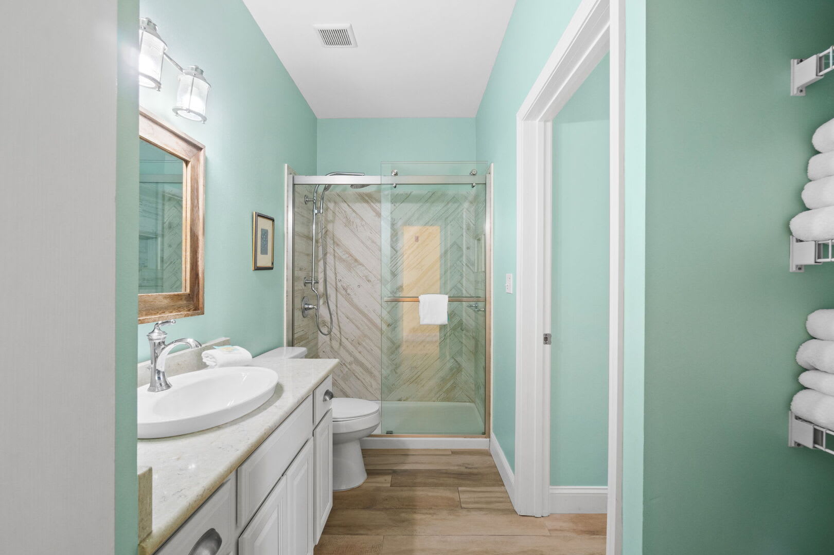 Full bathroom with sleek walk-in shower and single vanity.