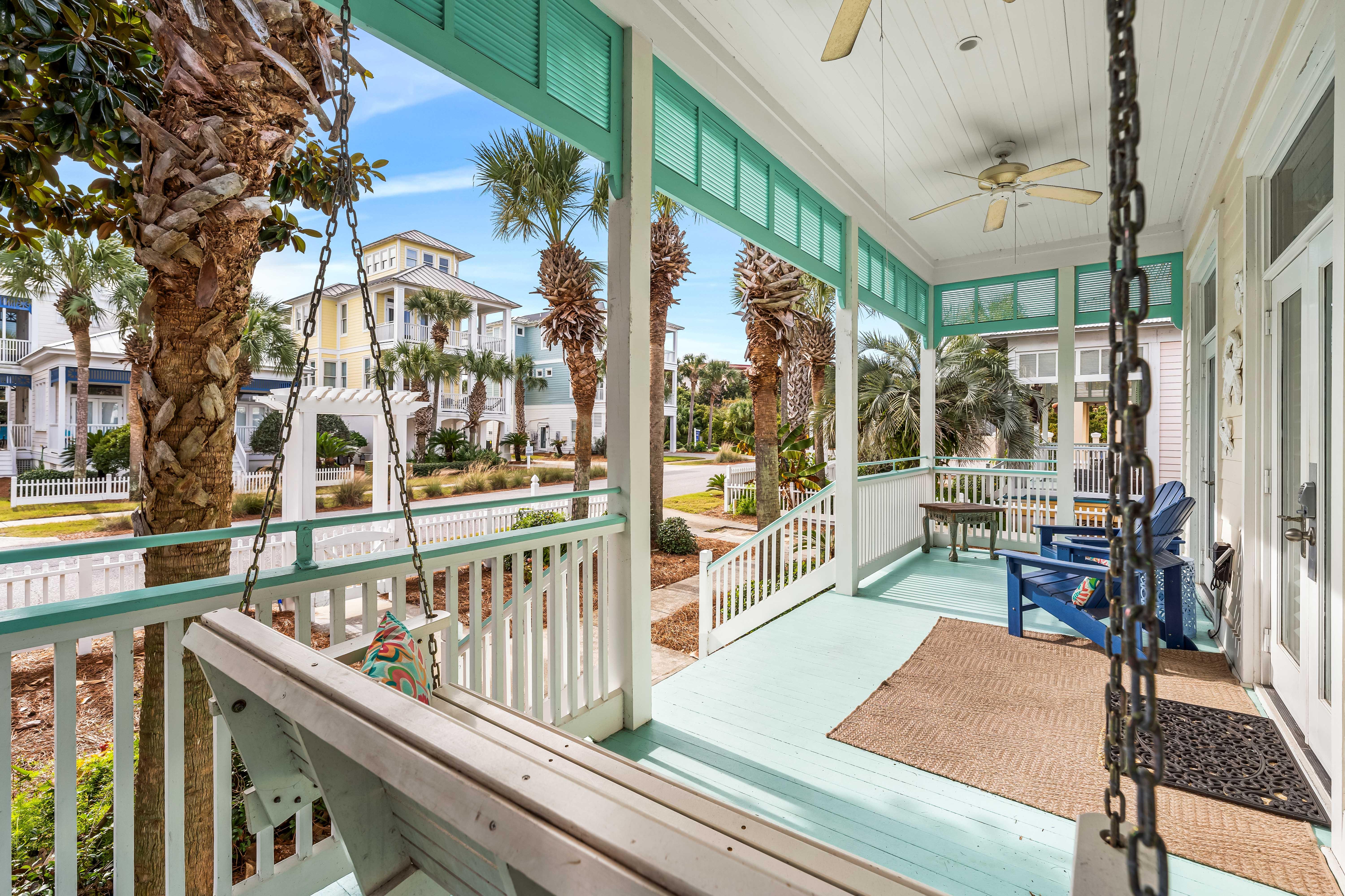 Gather outside and unwind in Sea Blessings' front porch swing.
