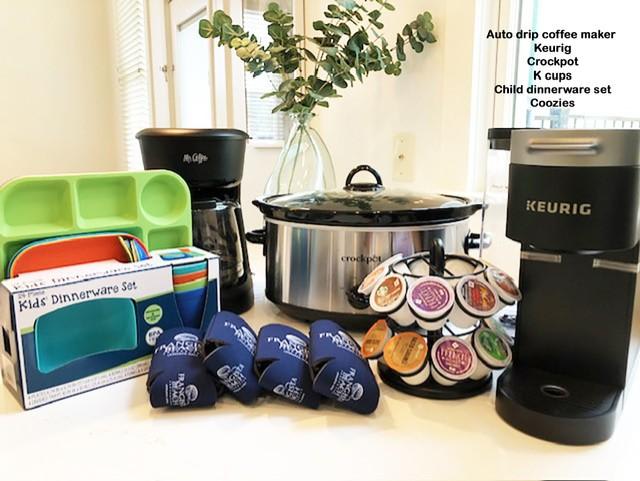 KITCHEN ESSENTIALS FOR YOUR VACAY ALWAYS INCLUDED: Drip and Keurig Coffee Makers with Kcups, Kids Dinnerware, Coozies & a  Slow Cooker!