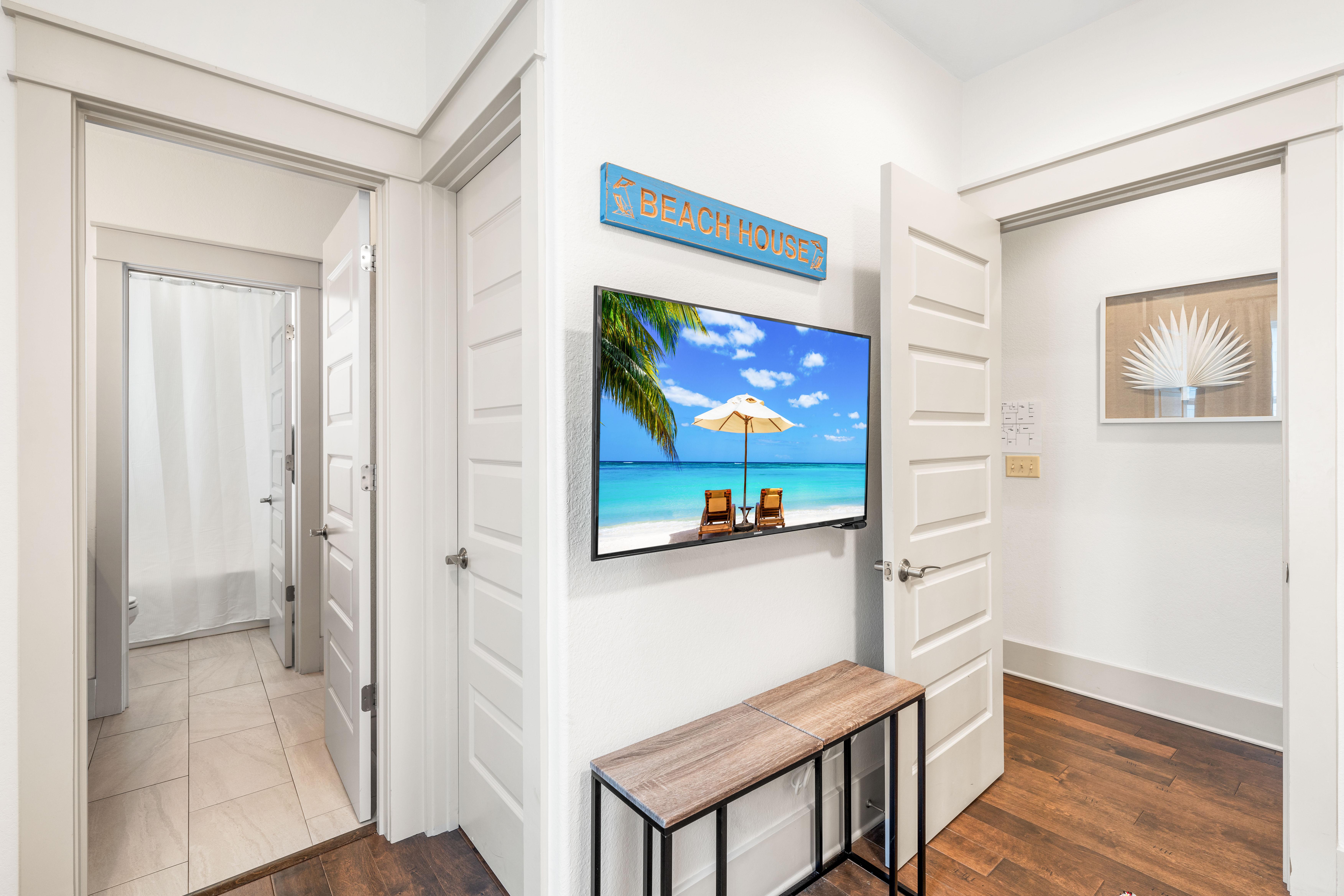 Full bathroom to the left for the bunk bedroom with spacious closet with dresser.  43" smart tv