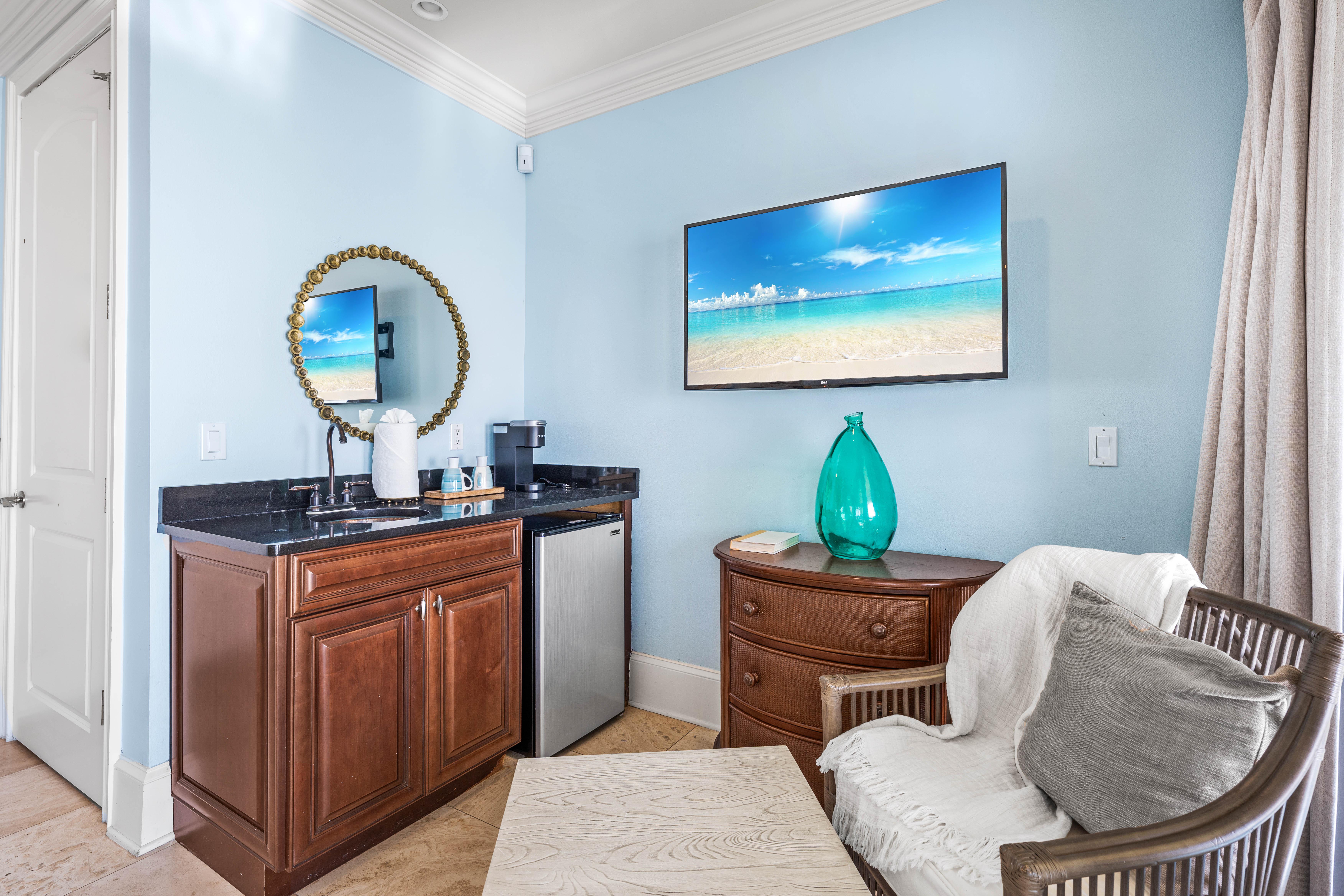 First floor king bedroom with wet bar, beverage cooler and Keurig coffee set-up