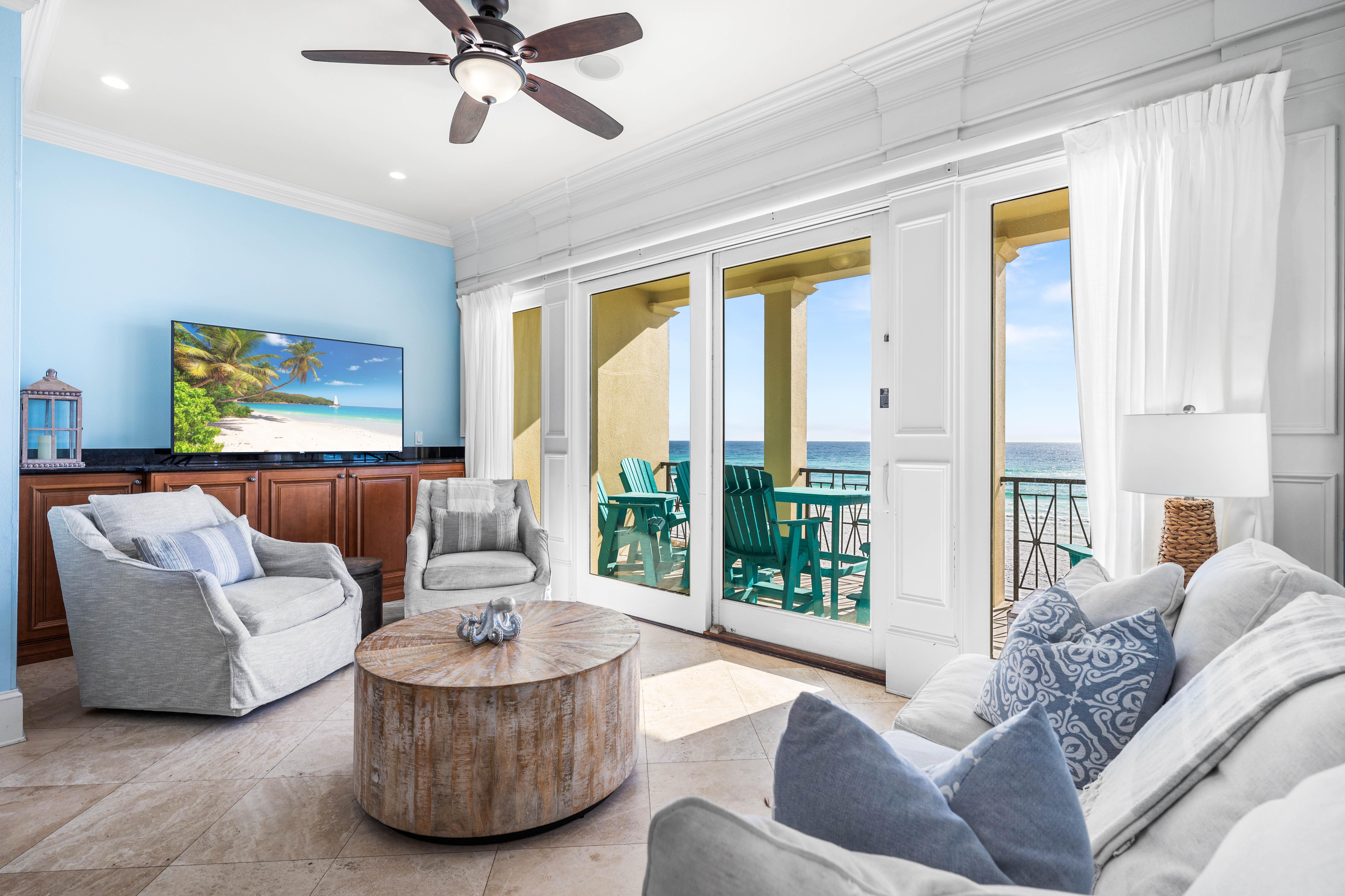 Living Room with a View!! and a 65" Smart TV with Cable.