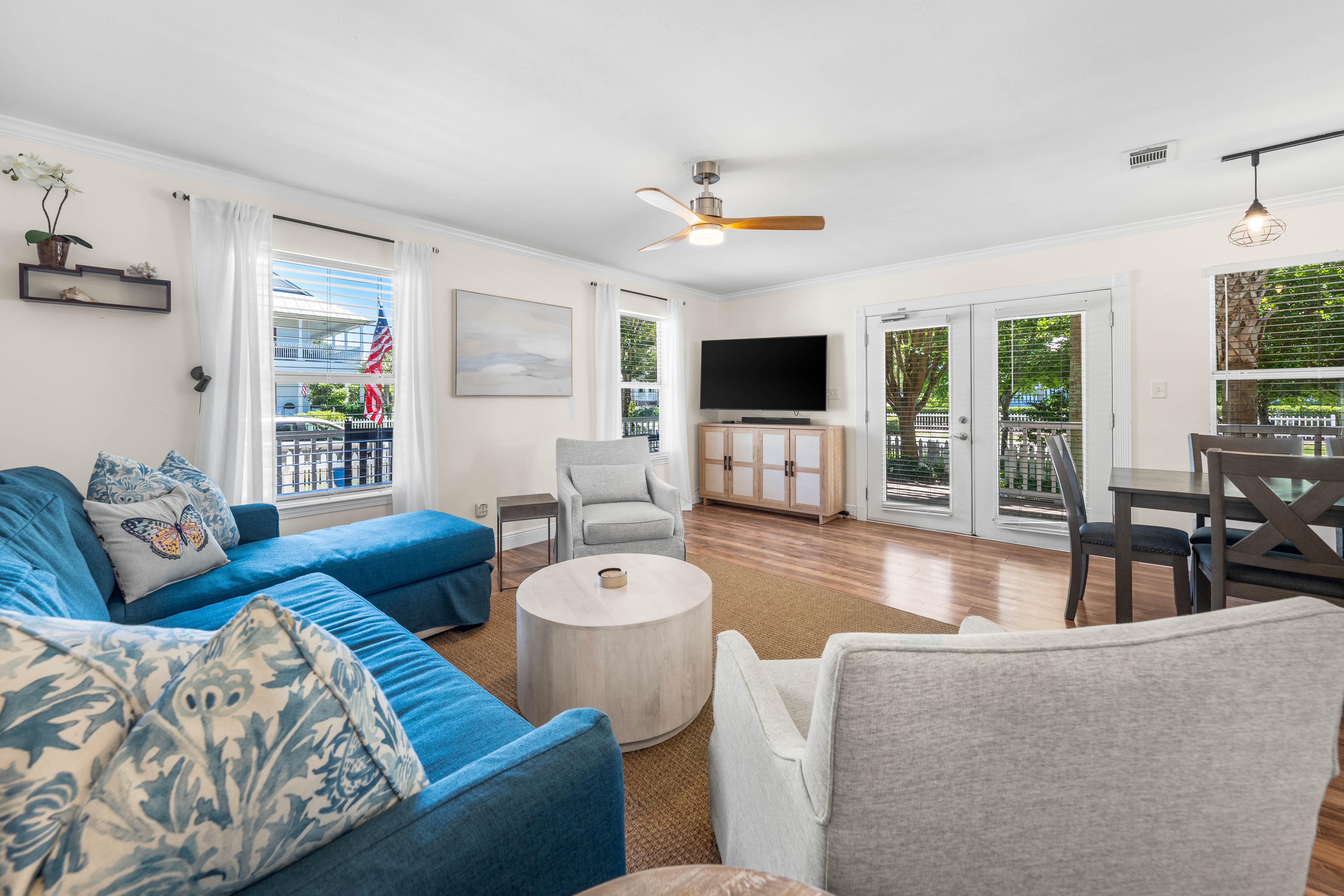 Living area with a 60" Smart TV