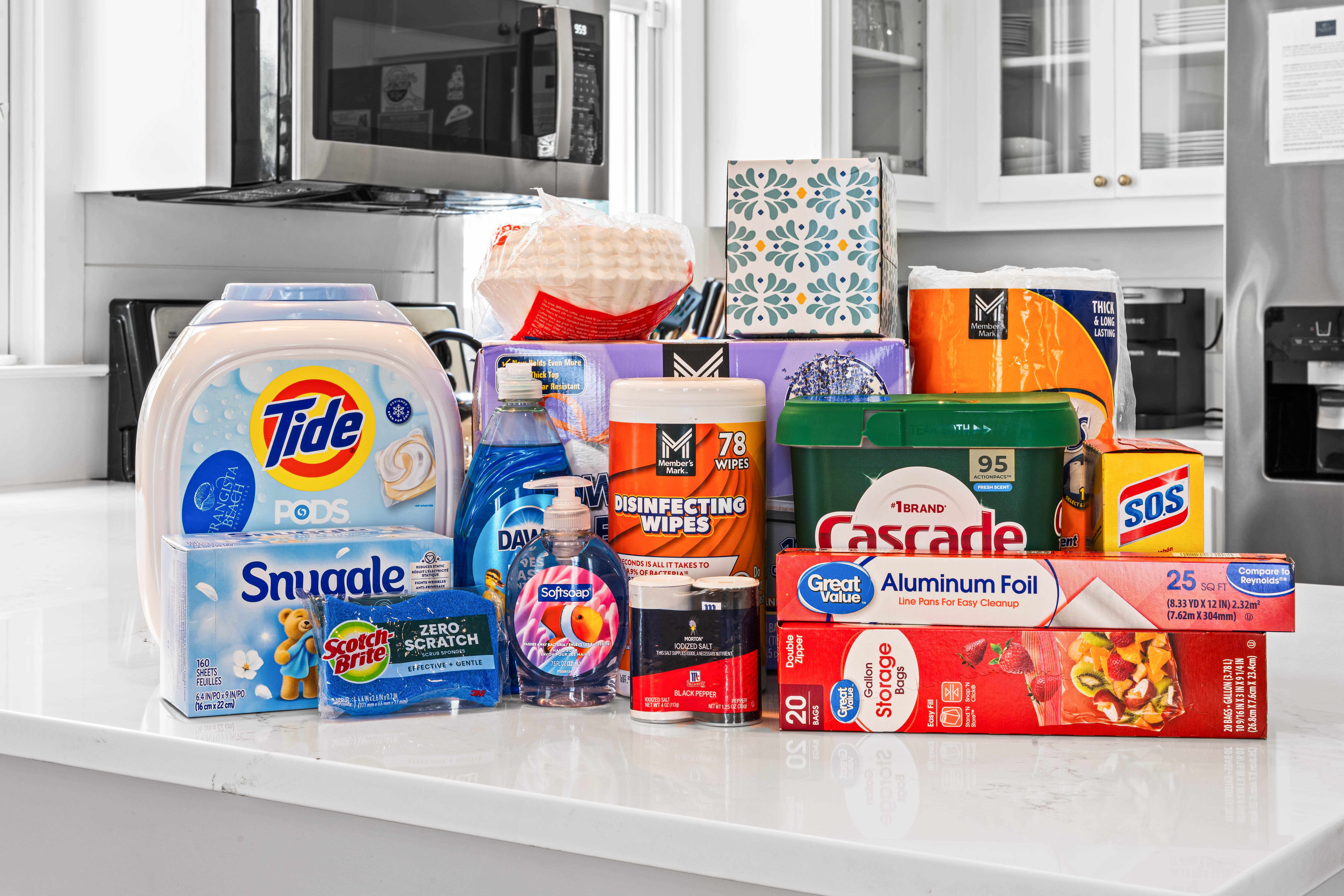 Plenty of Amenities provided including coffee filters, laundry detergent, salt and prpper, aluminum foil, plastic wrap, paper towels, dryer sheets, laundry+ dishwasher detergent and soaps