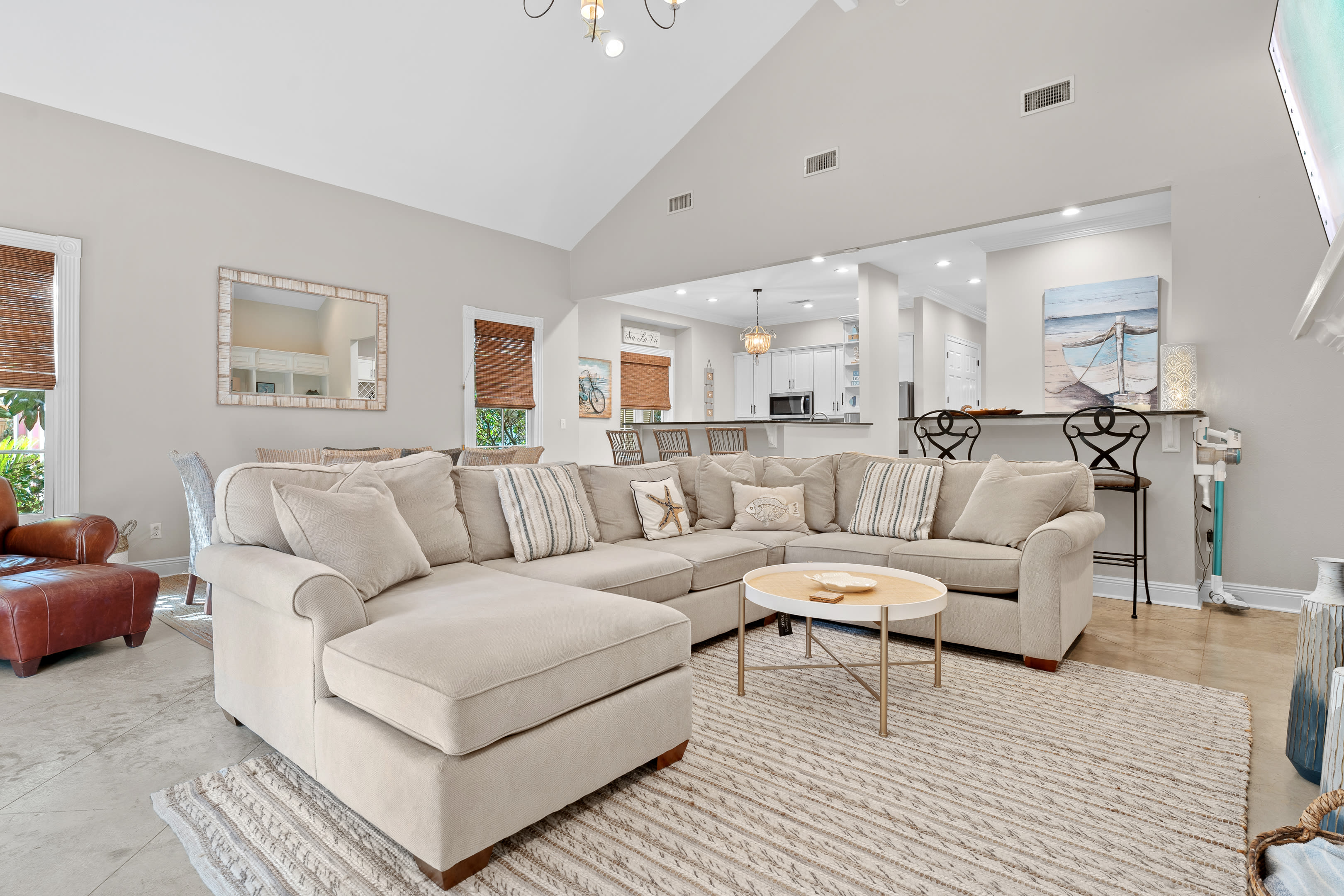 Open living area with high ceilings