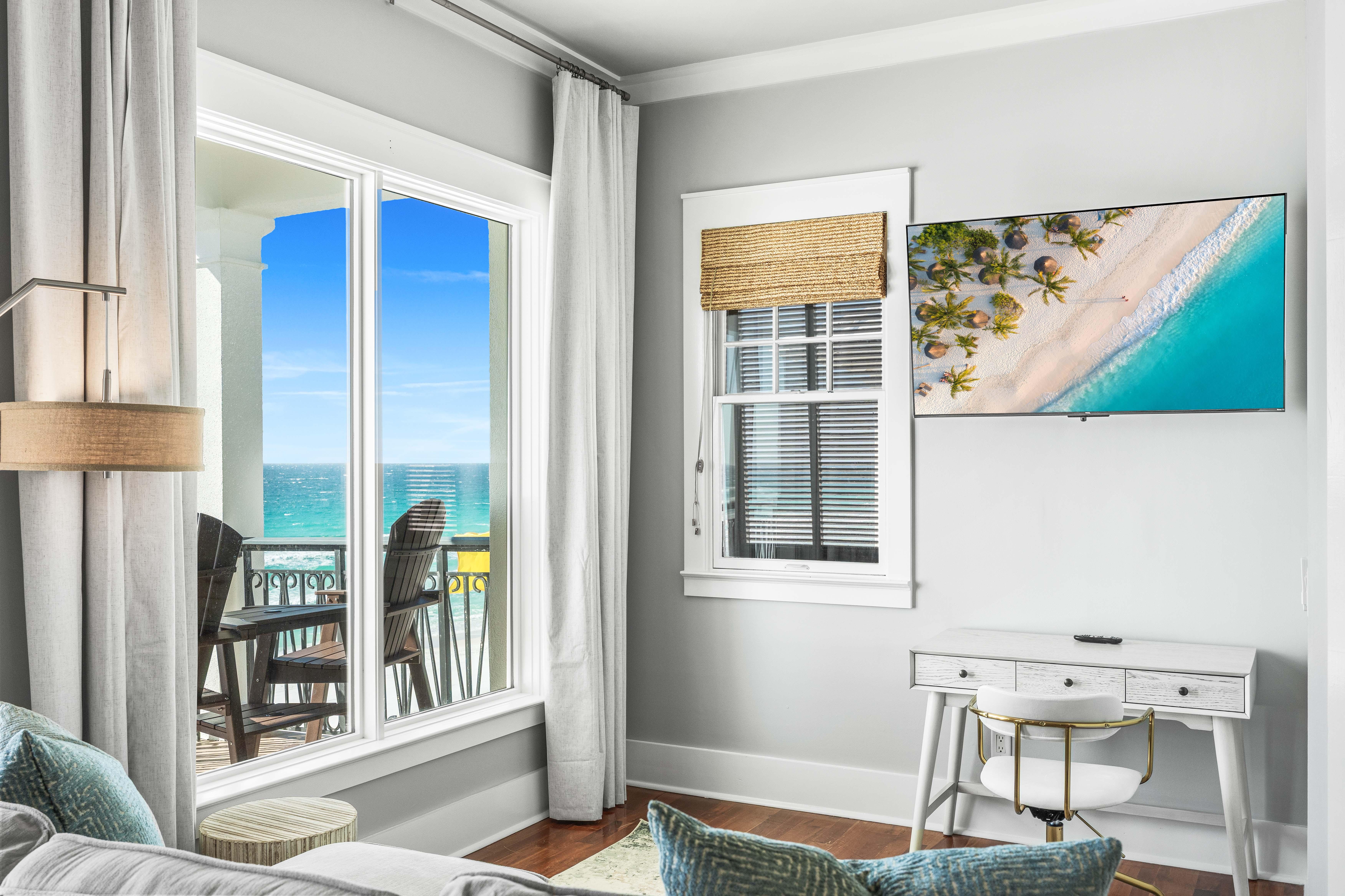 3rd Floor Primary Couch, Desk wit Chair and Flat Screen Television