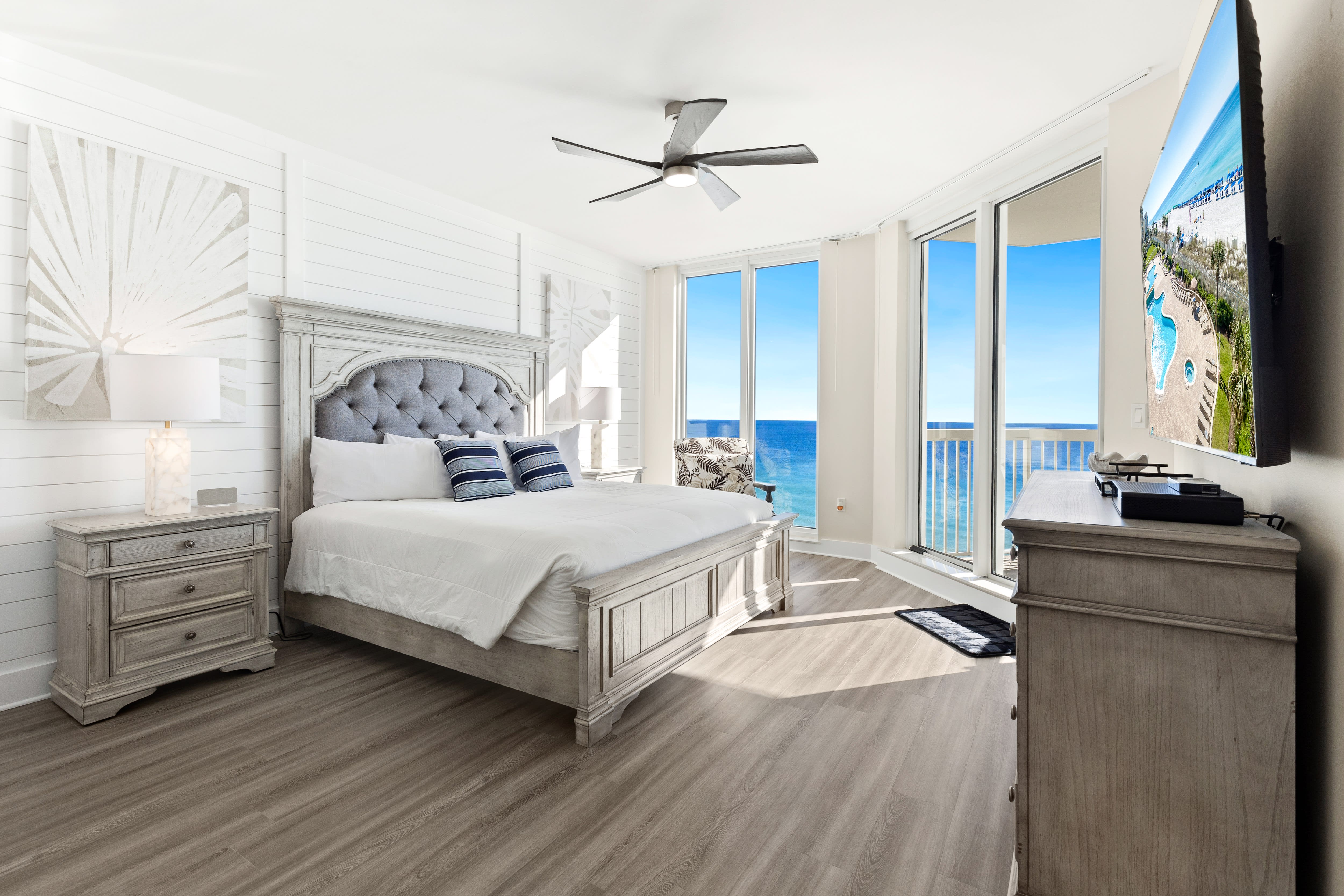 Wake up to breathtaking ocean views from your coastal bedroom, where crisp white linens and soothing sea breezes create the perfect retreat.
