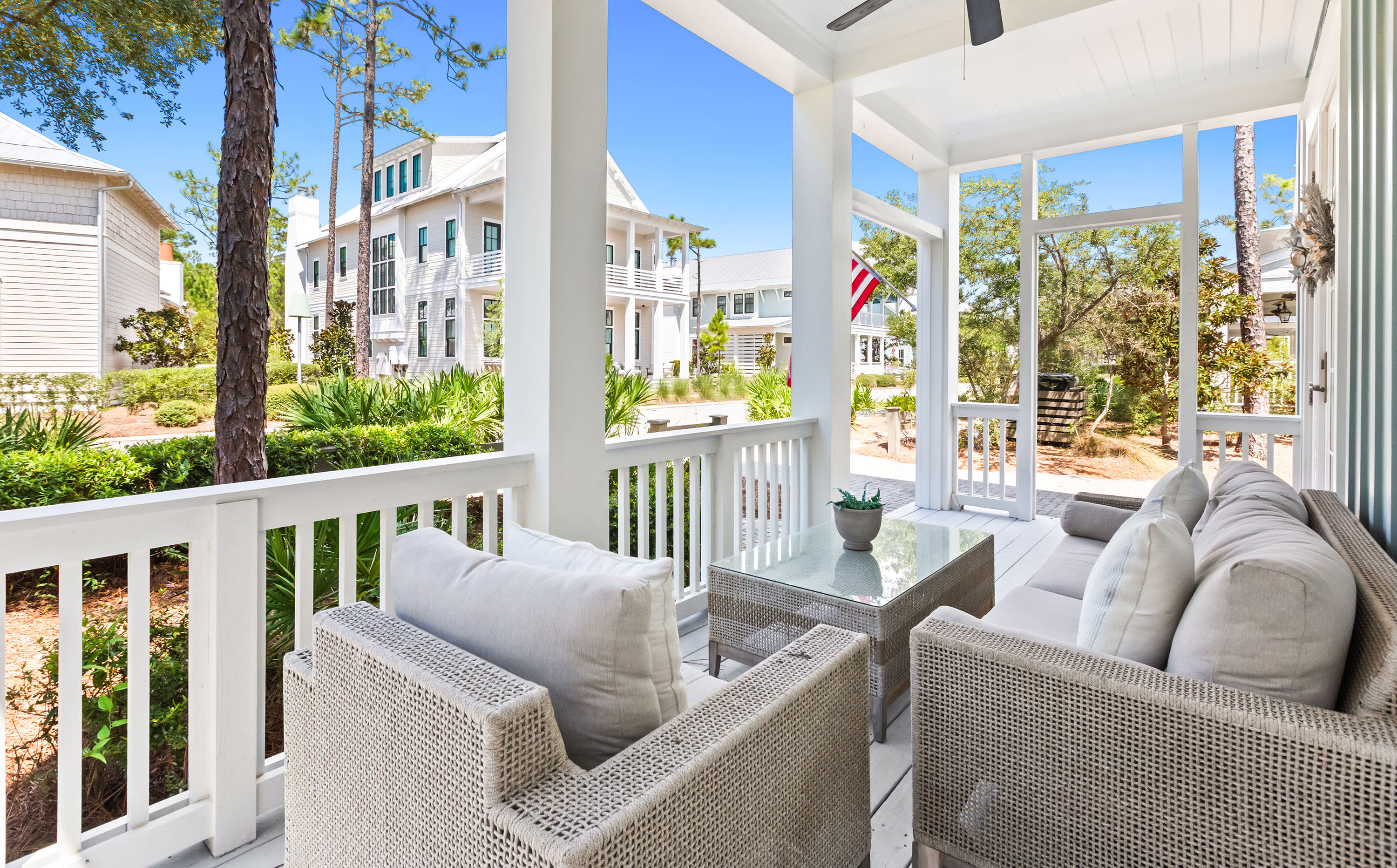 Comfortably furnished covered front porch