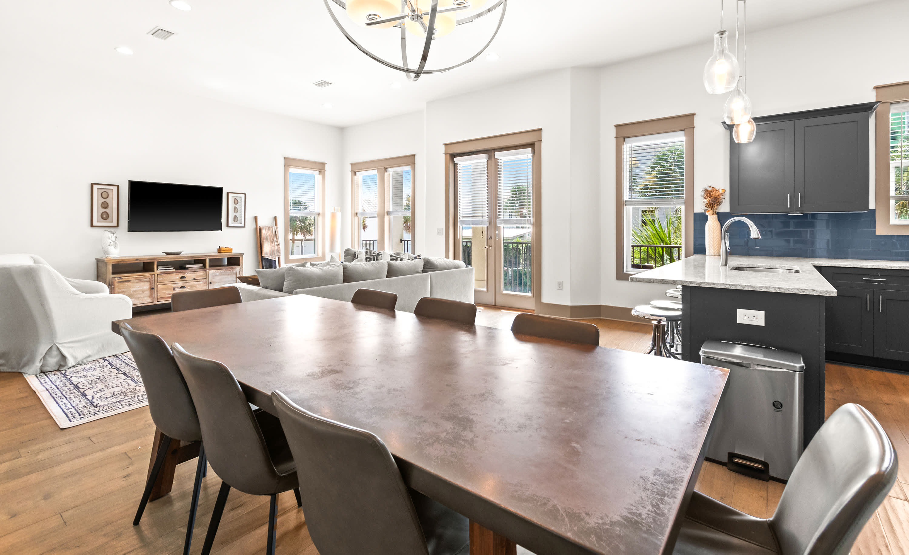 The dining table seats 8