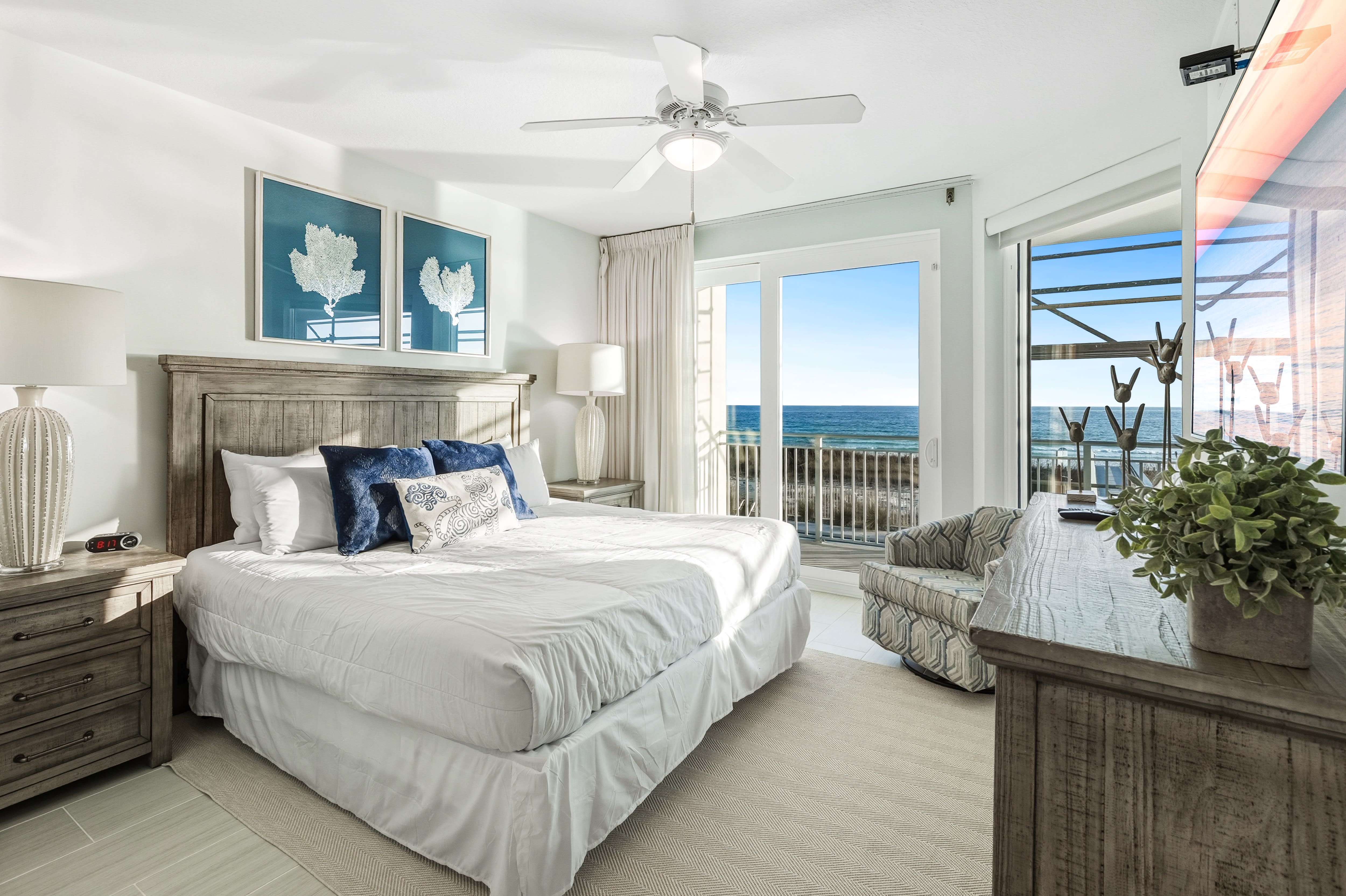 Wake up to stunning ocean views from your plush king bed, where coastal elegance meets pure comfort in this serene retreat.