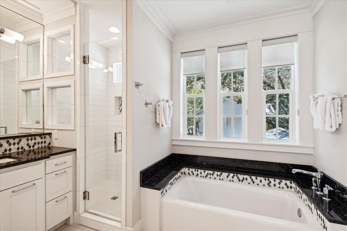 Shared Guest Bathroom - Dual Vanities, Walk-In Shower & Soaking Tub