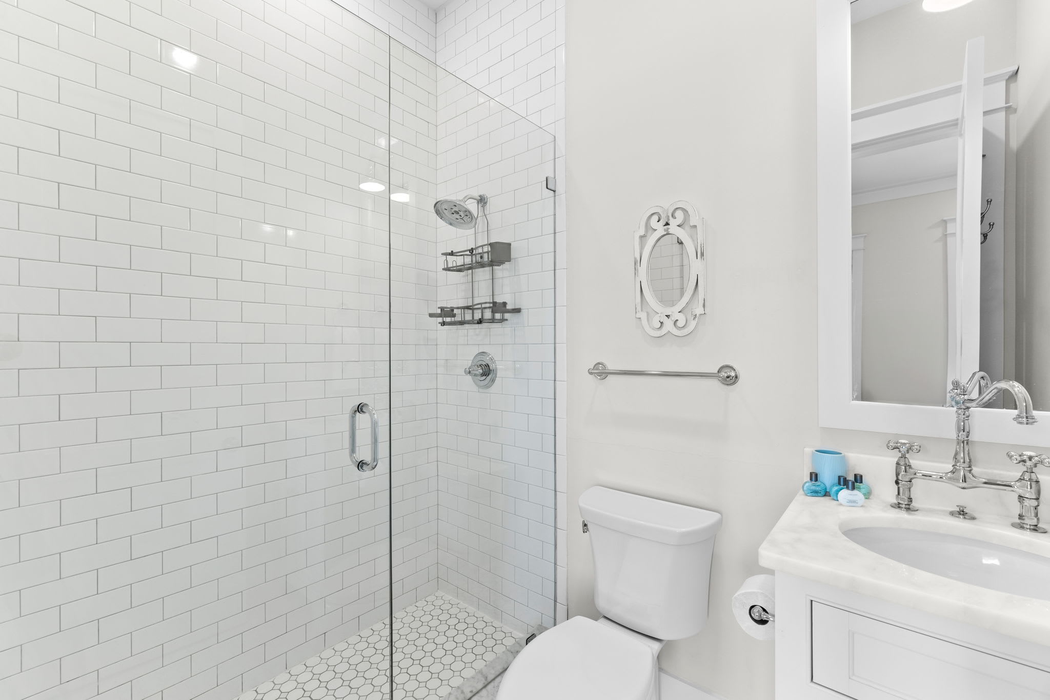 Single Queen Bathroom — Walk-in shower and single vanity.