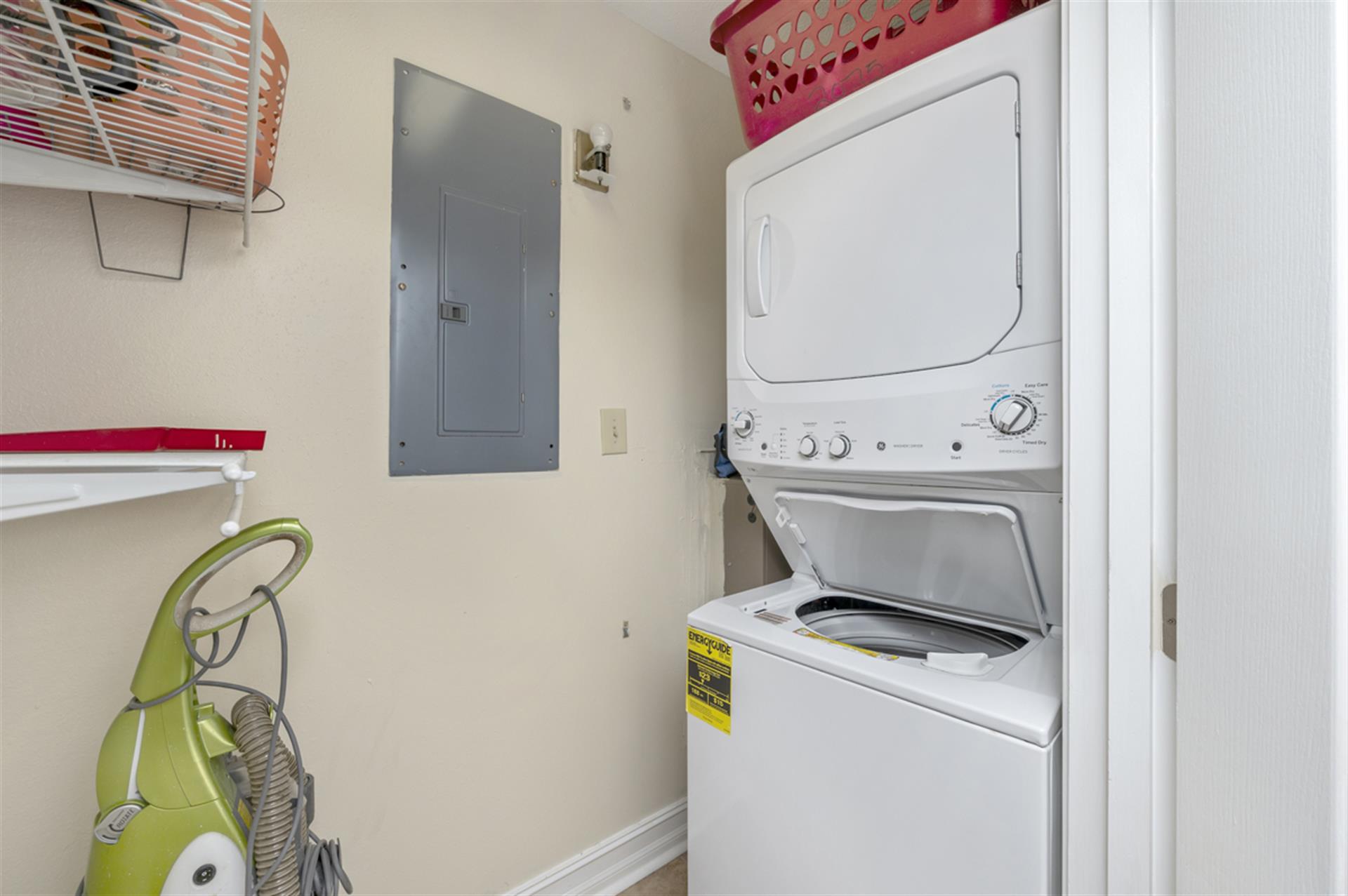 Your own in-unit laundry means fresh clothes throughout your stay, with convenient storage above for all your essentials.