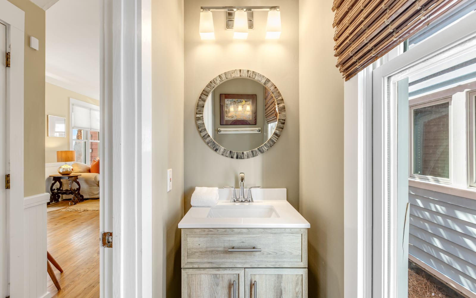 Step into your private powder room featuring elegant vanity, stylish mirror, and warm natural lighting for your daily rituals.
