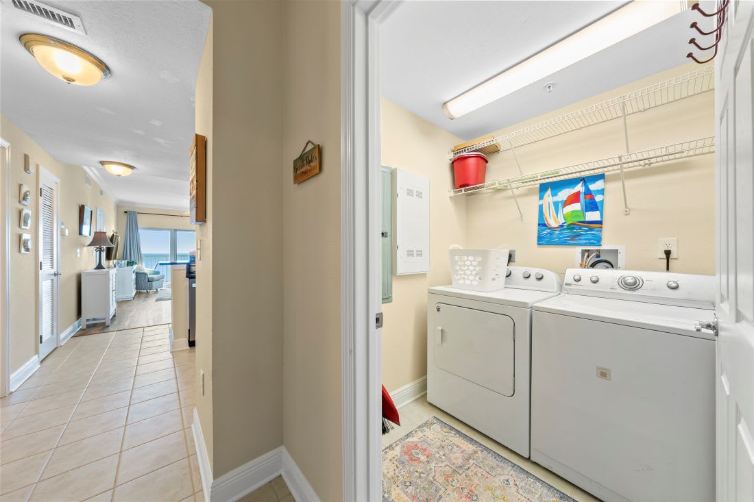 Your private laundry room keeps you comfortable with full-size washer and dryer, plus convenient wire shelving for all your essentials.