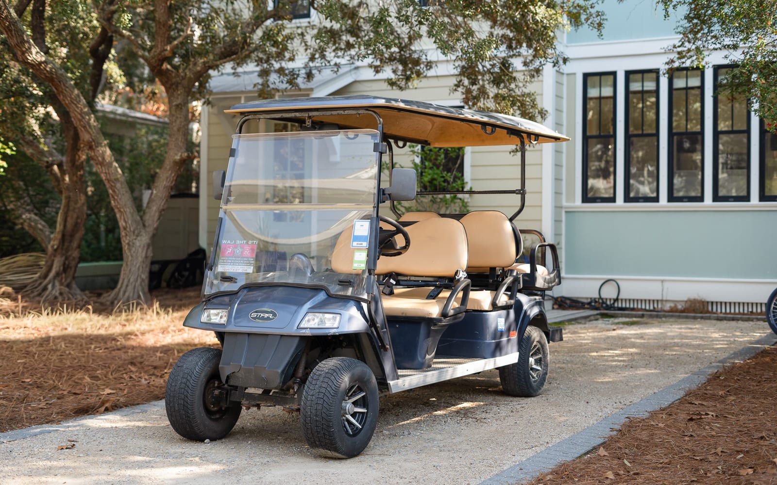 Golf cart available for convenient travel around the property grounds and nearby areas.