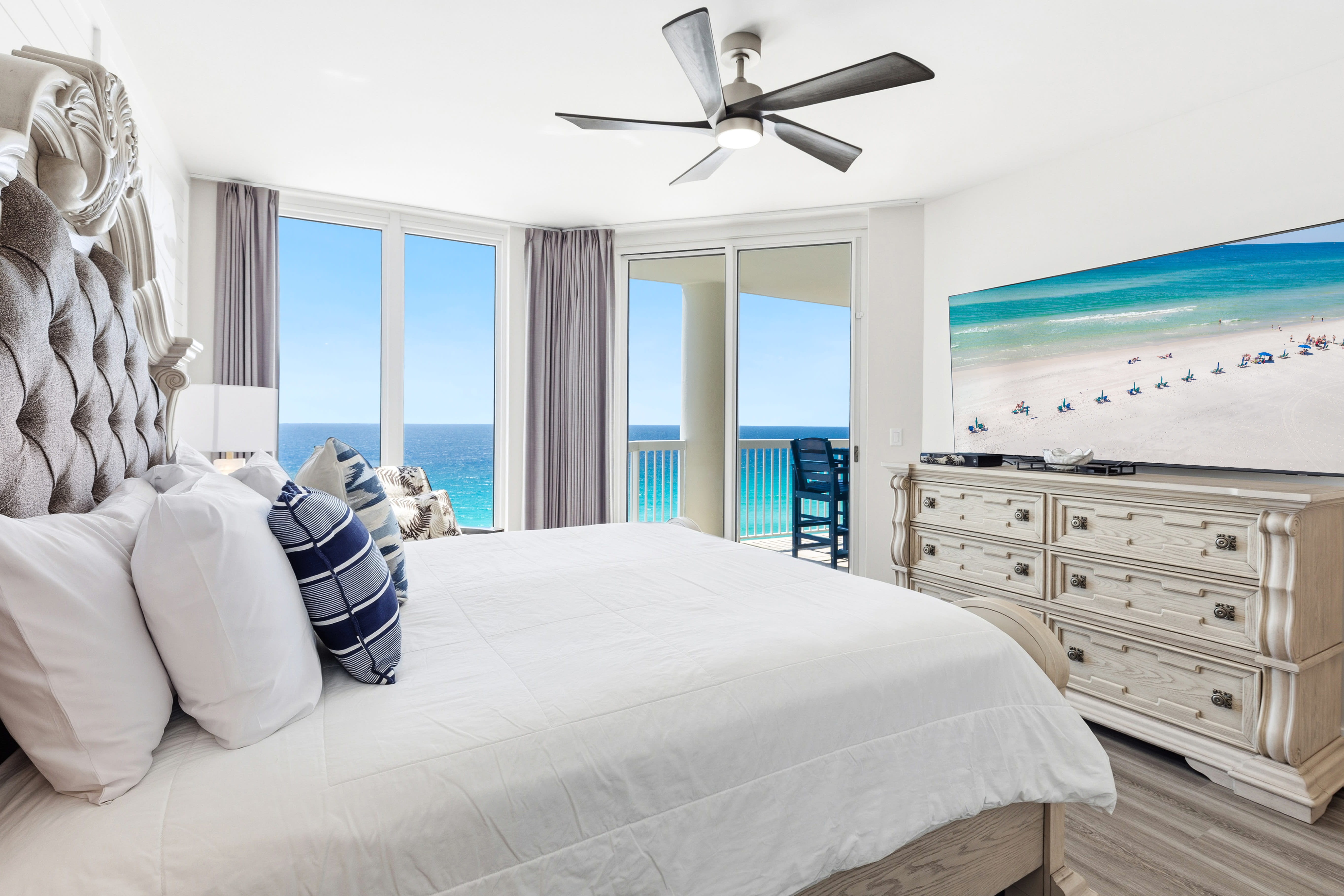 Wake to stunning ocean views from your luxurious bedroom, where floor-to-ceiling windows frame endless turquoise waters and pristine beaches.
