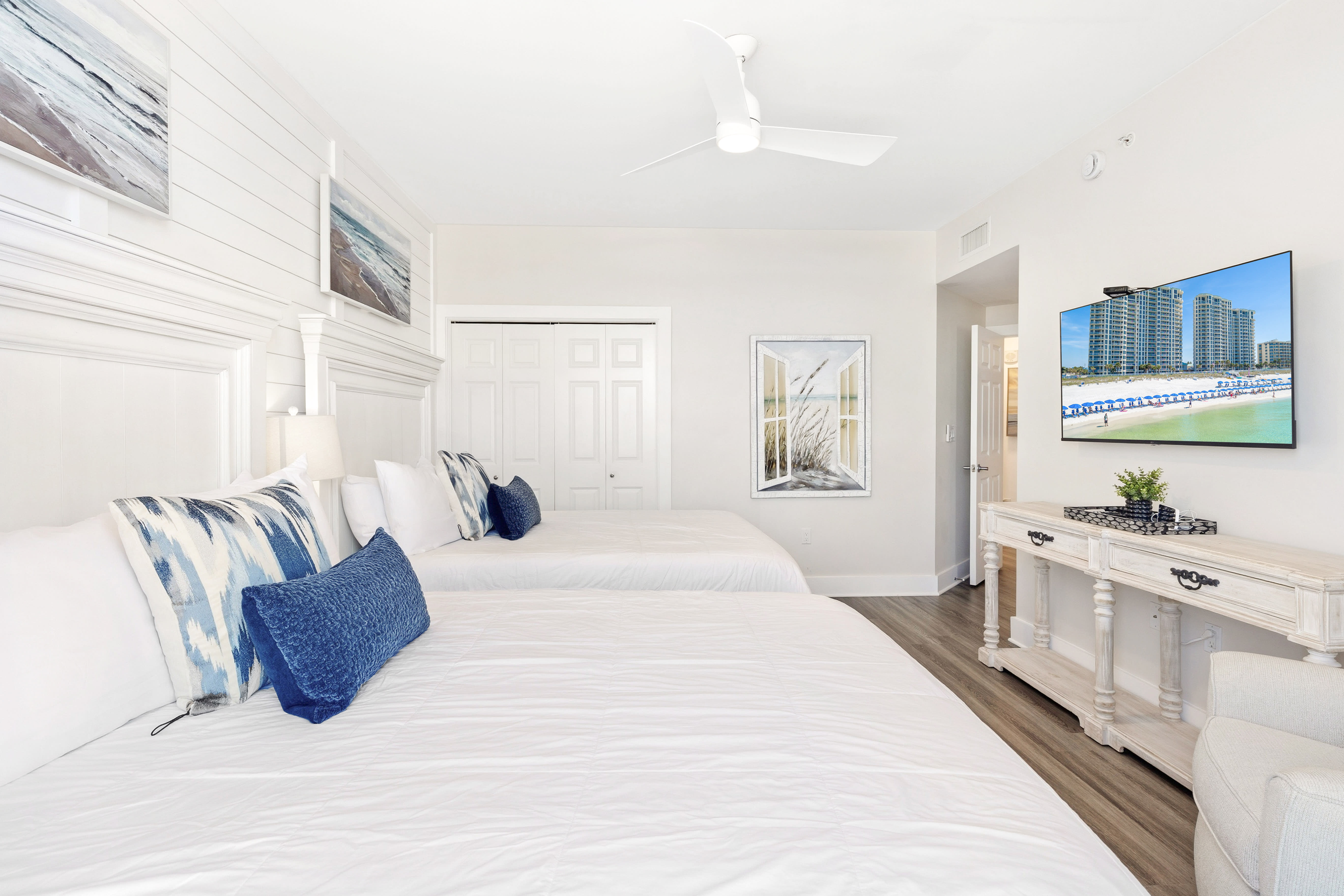Unwind in your coastal bedroom where twin beds offer comfort and beachy decor creates serenity. Watch TV or admire artwork in this bright, airy retreat.