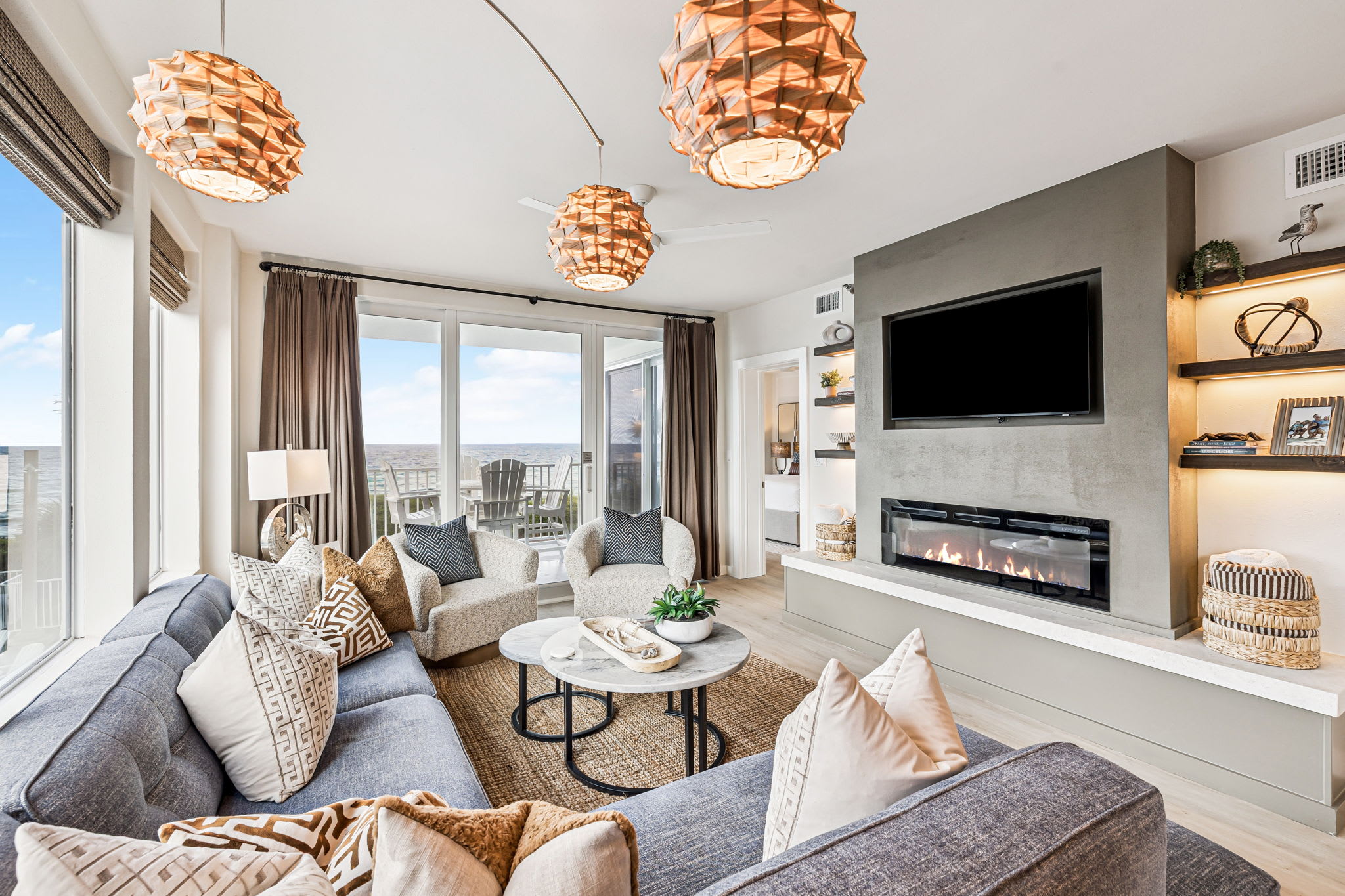 Gulf-Front Living Area with Electric Fireplace!