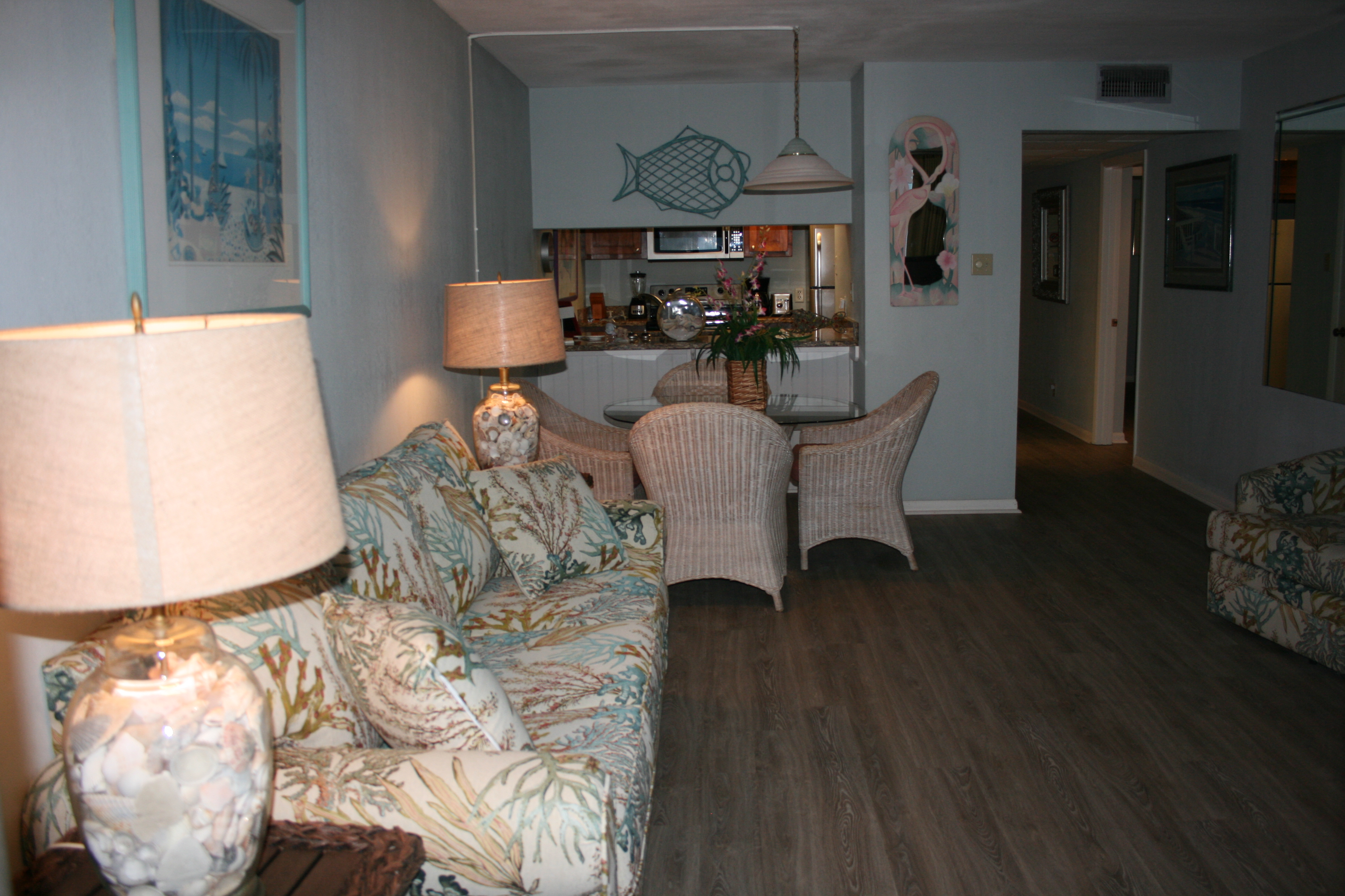 Living room with beach view, new floor and furnishings