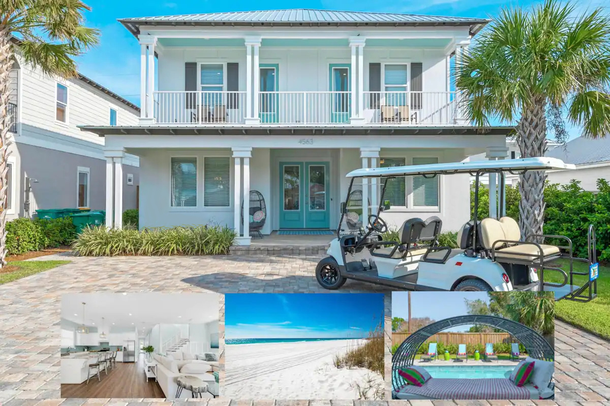 Breeze-1 Welcome to Breeze! Brand new construction and furniture with 7 bedrooms, private pool, golf cart and paddleboards. Located only 2 blocks from 6 different beach accesses.