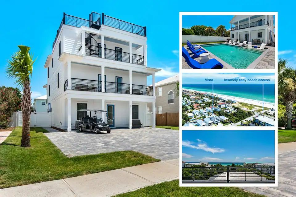Vista-1 Just listed! brand new (2023 build) designer 8 bedroom ocean view home with a massive 4th floor ocean view rooftop deck, private pool, free golf cart and elevator. Sleeps 19 (not including sofas). Only 351 feet to Destin’s famous beach!