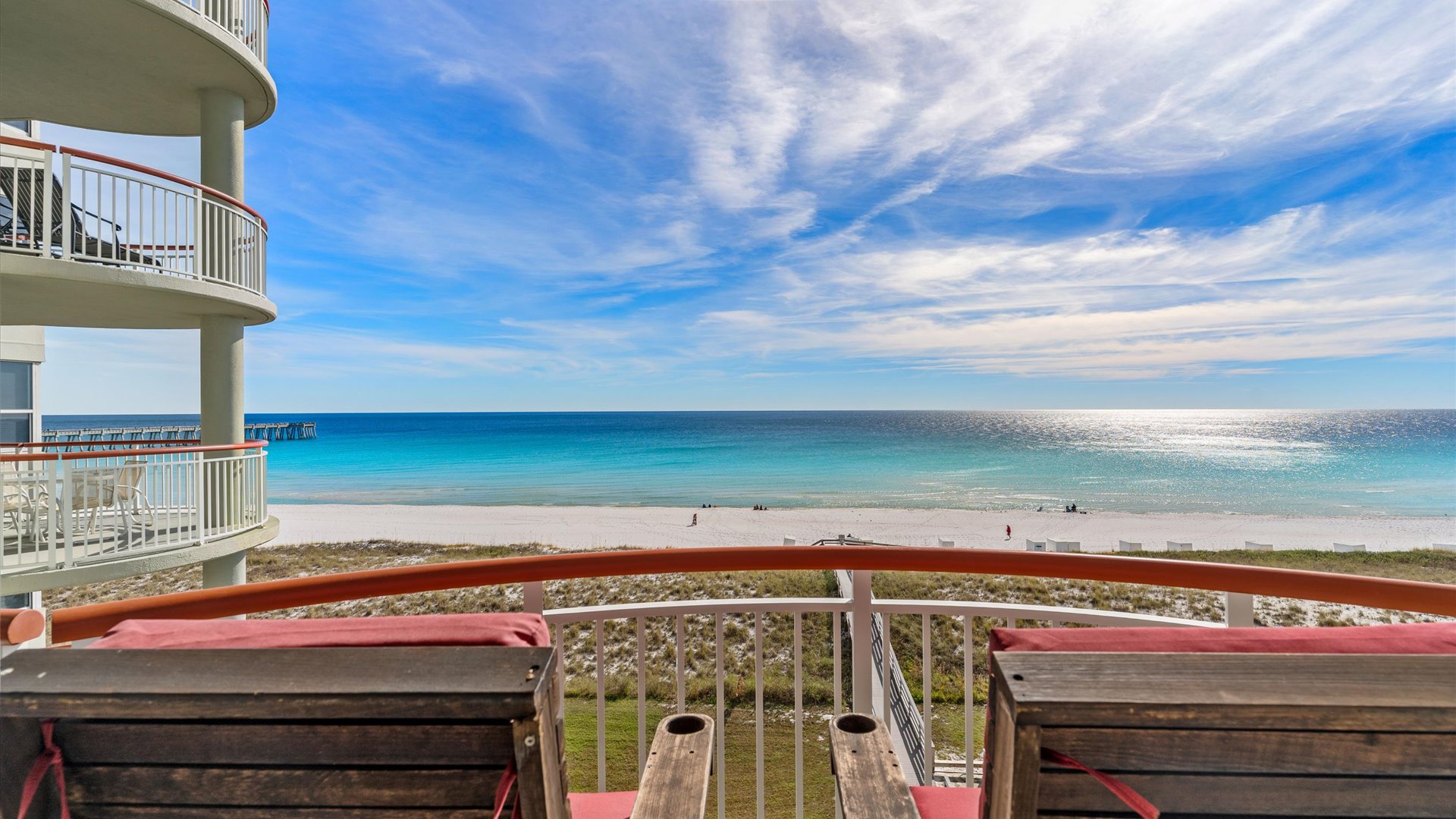 Drink your morning coffee on the large circular balcony overlooking the Gulf