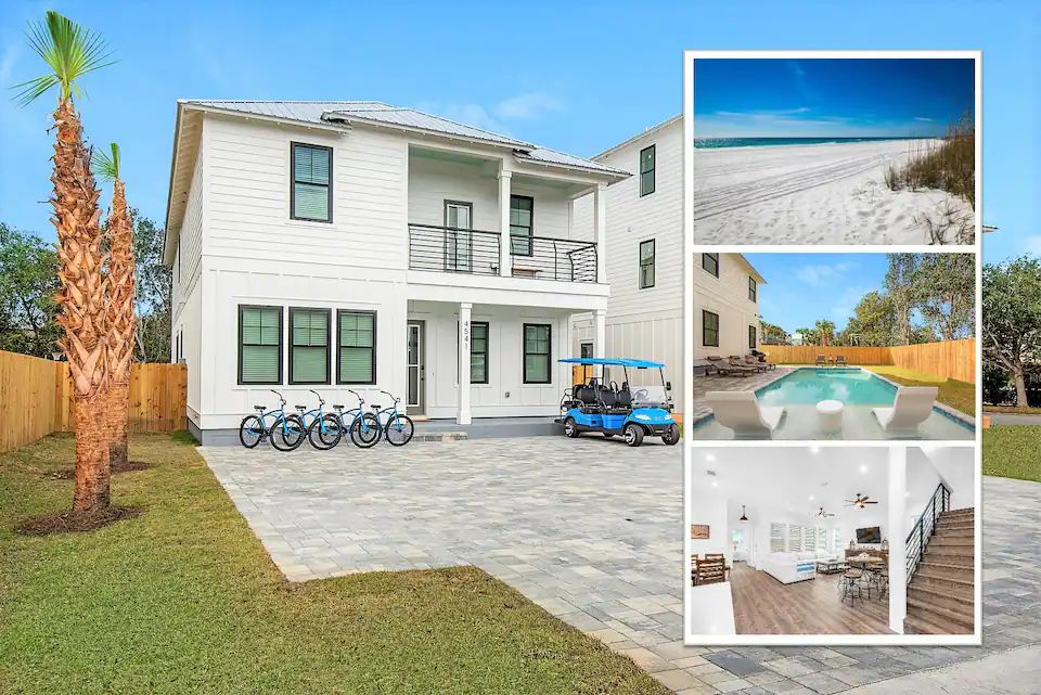Latitude-1 Brand new, 8 bedroom home with (seasonally heated) pool and paddleboards and 6 seat golf cart. Central to Destin's best shopping, dining, and activities. Less than two blocks from Destin's famous Emerald Coast!