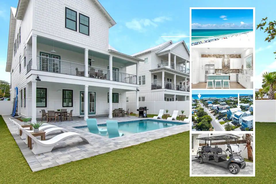 Windsong-1 Just listed! brand new (2023 build) designer 8 bedroom beach home with seasonally heated pool and slash deck. Sleeps 19 (not including sofas). Includes free golf cart, 2 paddleboards. Less than 528 feet to Destin’s beaches!