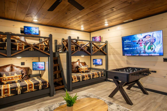 Stunning game room with custom bunks and TVs for everyone. Netflix/HBO/Disney included! Sevierville, Tennessee Cabin Rental - Gallery Image #3