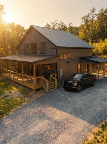 Front exterior with covered parking near Sevierville, Tennessee — the Douglas Lake… Douglas Lake, Tennessee Cabin Rental - Gallery Image #3