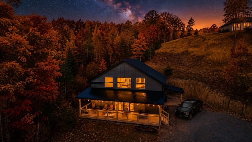 Harbor Point Hideaway at dusk — industrial-farmhouse barndominium on Douglas Lake,… Douglas Lake, Tennessee Cabin Rental - Gallery Image #1