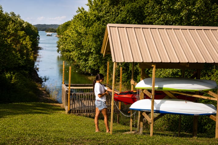 Kayaks and paddleboards racked at the Douglas Lake access across the street. Kayak… Douglas Lake, Tennessee Cabin Rental - Gallery Image #7