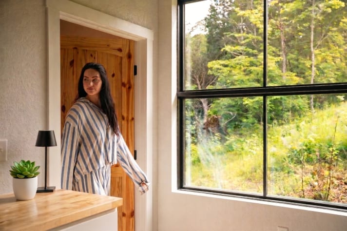 Floor-to-ceiling glass pulls the forest inside — natural light through the whole… Douglas Lake, Tennessee Cabin Rental - Gallery Image #28