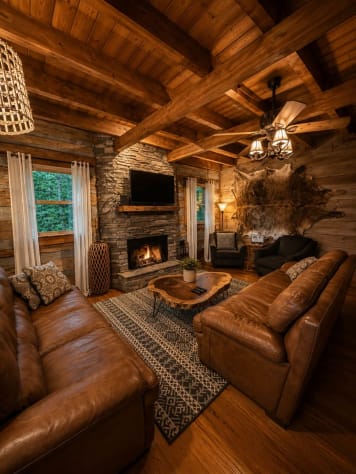 Warm and cozy living room with gas fireplace. Gatlinburg, Tennessee Cabin Rental - Gallery Image #2