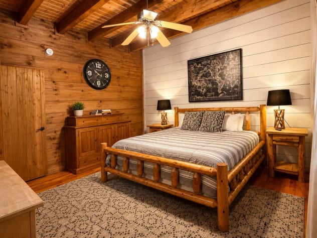 Large bedroom on main floor with comfortable king bed and high quality bedding. Gatlinburg, Tennessee Cabin Rental - Gallery Image #17