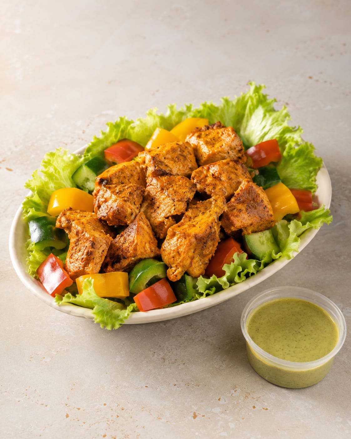 High protein bowl with grilled chicken or paneer, grains, and vegetables
