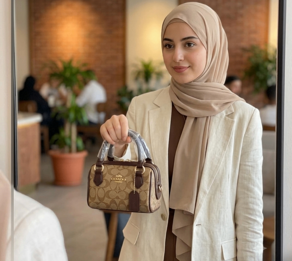 Coach Signature Monogram Desenli Kahverengi Deri Detaylı Mini Boston Çanta (CH-SIG-MINI-BST-01)