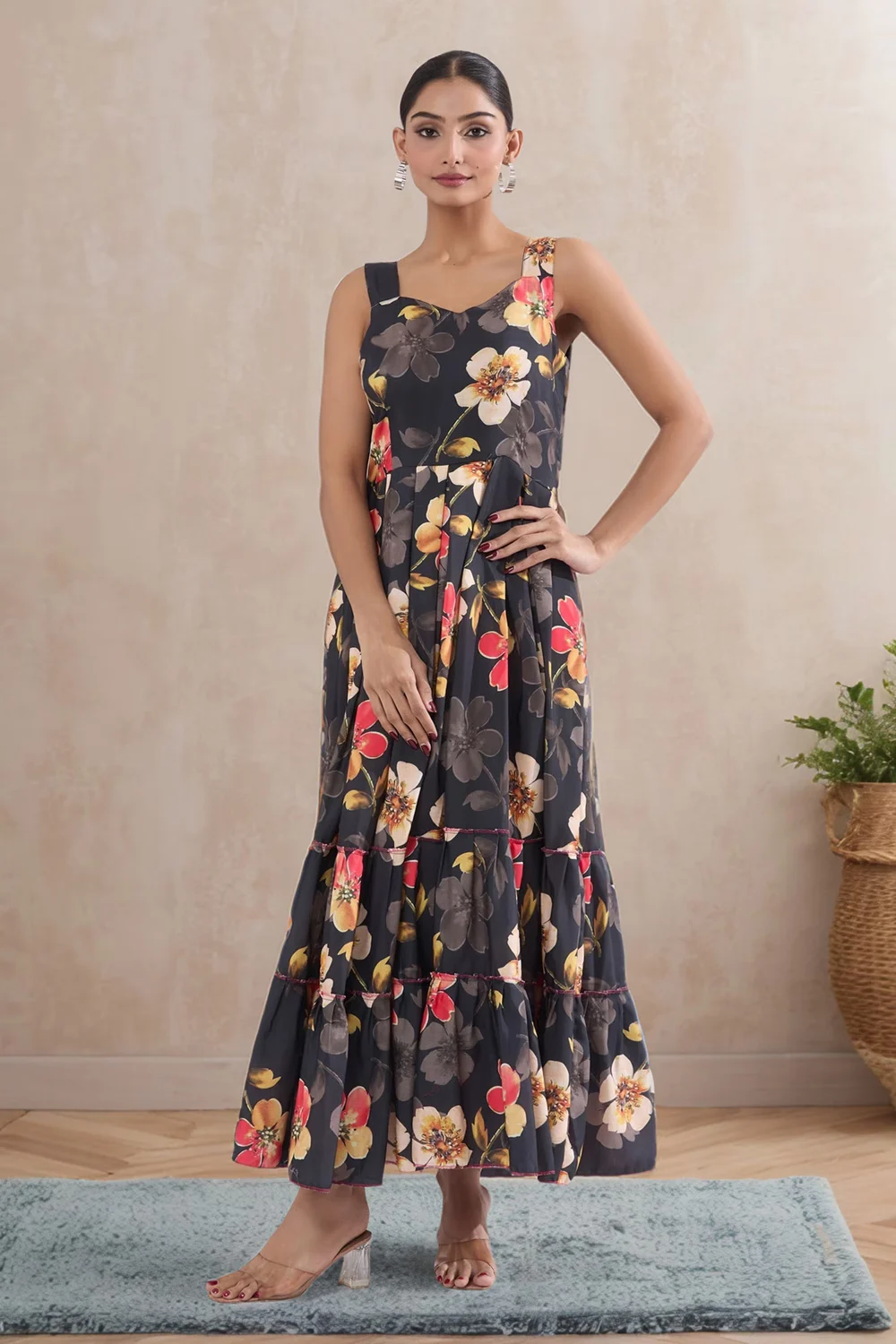 Black Rayon Gown with Stylish Digital Print Pattern