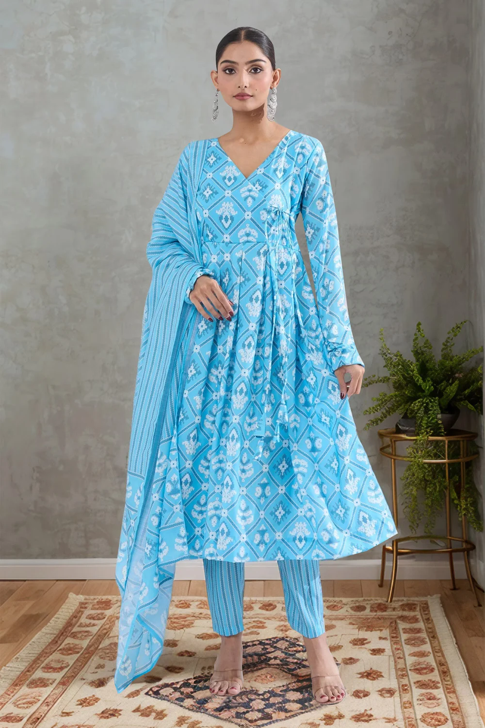Blue Maslin Kurta Set with Classic Digital Print Style