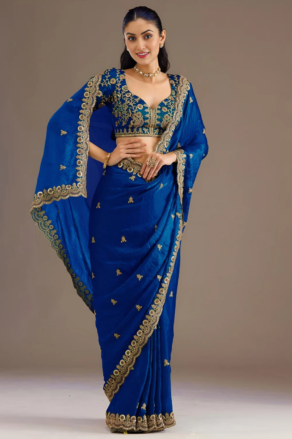 Blue Tissue Saree with Sequins & Zari Handwork