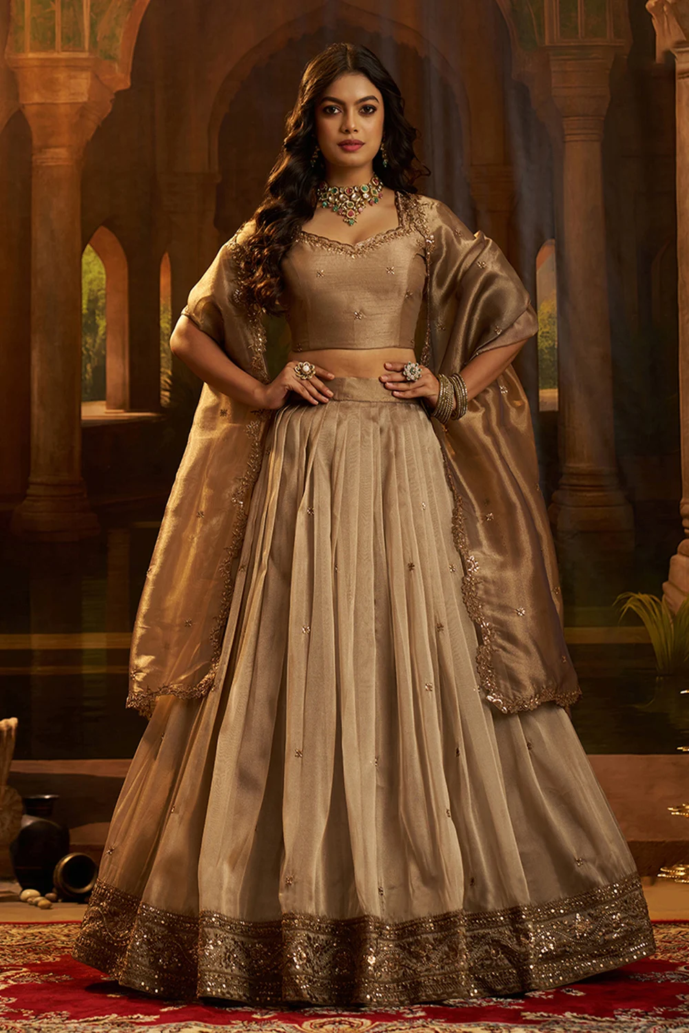 Brown Organza Lehenga Set with Sequin Zari Work