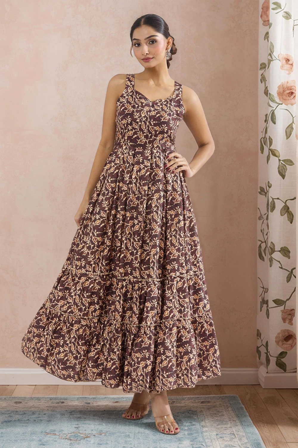 Brown Rayon Gown with Traditional Digital Prints